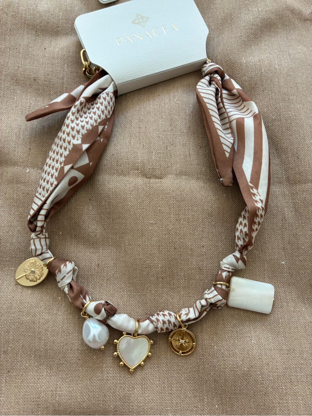 Panacea Cache Brown & Cream Silk Charm Necklace with Gold Accents